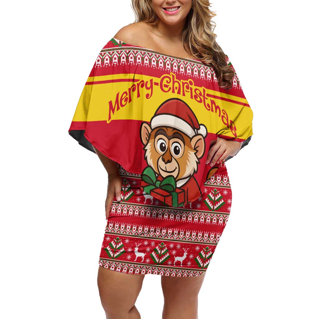 Ghana Christmas Off Shoulder Short Dress with Monkey Holding Gift Ghana Map and Festive - Wonder Print Shop