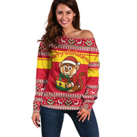 Ghana Christmas Off Shoulder Sweater with Monkey Holding Gift Ghana Map and Festive - Wonder Print Shop