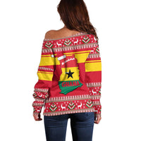 Ghana Christmas Off Shoulder Sweater with Monkey Holding Gift Ghana Map and Festive - Wonder Print Shop