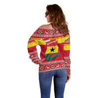 Ghana Christmas Off Shoulder Sweater with Monkey Holding Gift Ghana Map and Festive - Wonder Print Shop