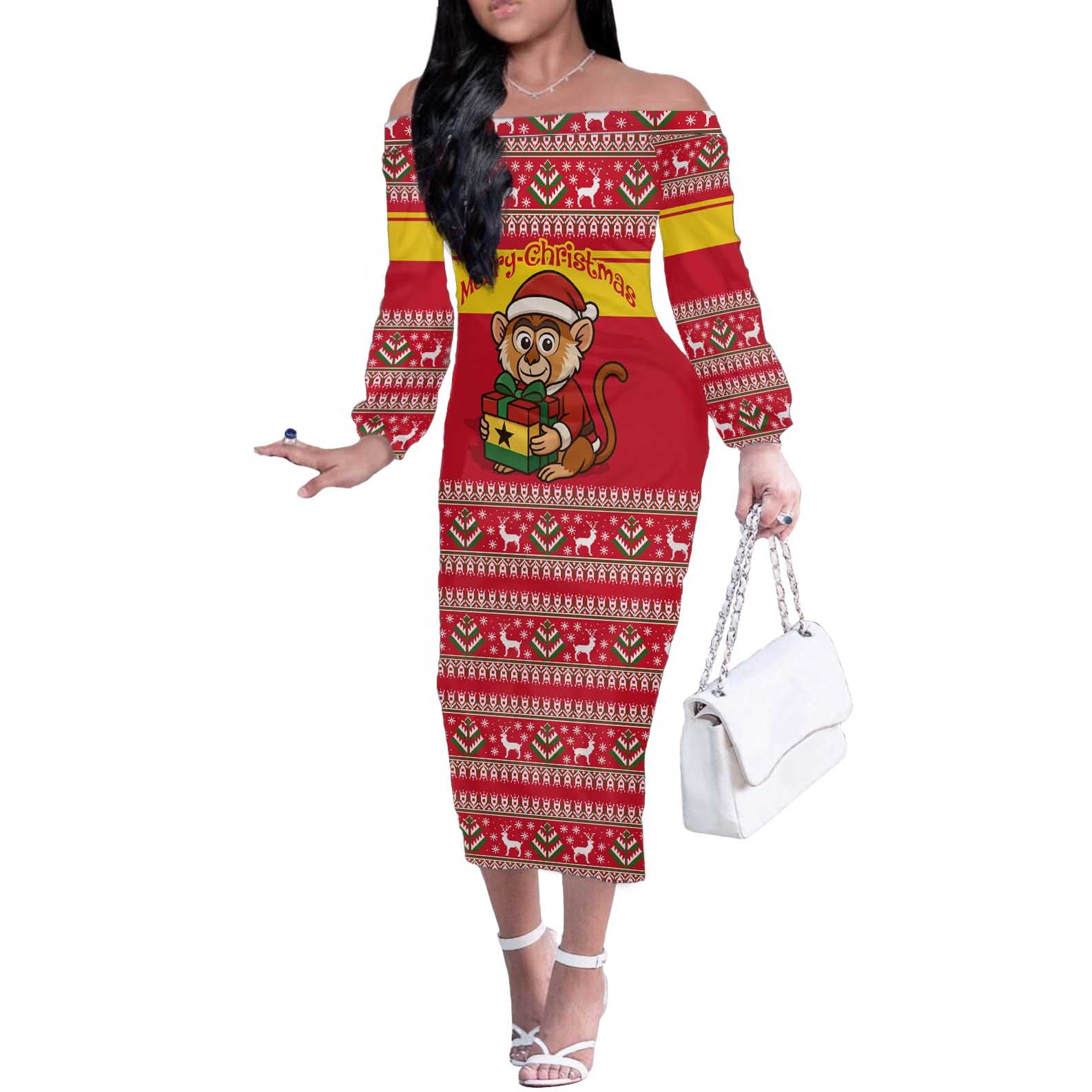 Ghana Christmas Off The Shoulder Long Sleeve Dress with Monkey Holding Gift Ghana Map and Festive - Wonder Print Shop