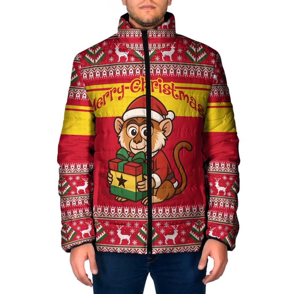 Ghana Christmas Padded Jacket with Monkey Holding Gift Ghana Map and Festive - Wonder Print Shop