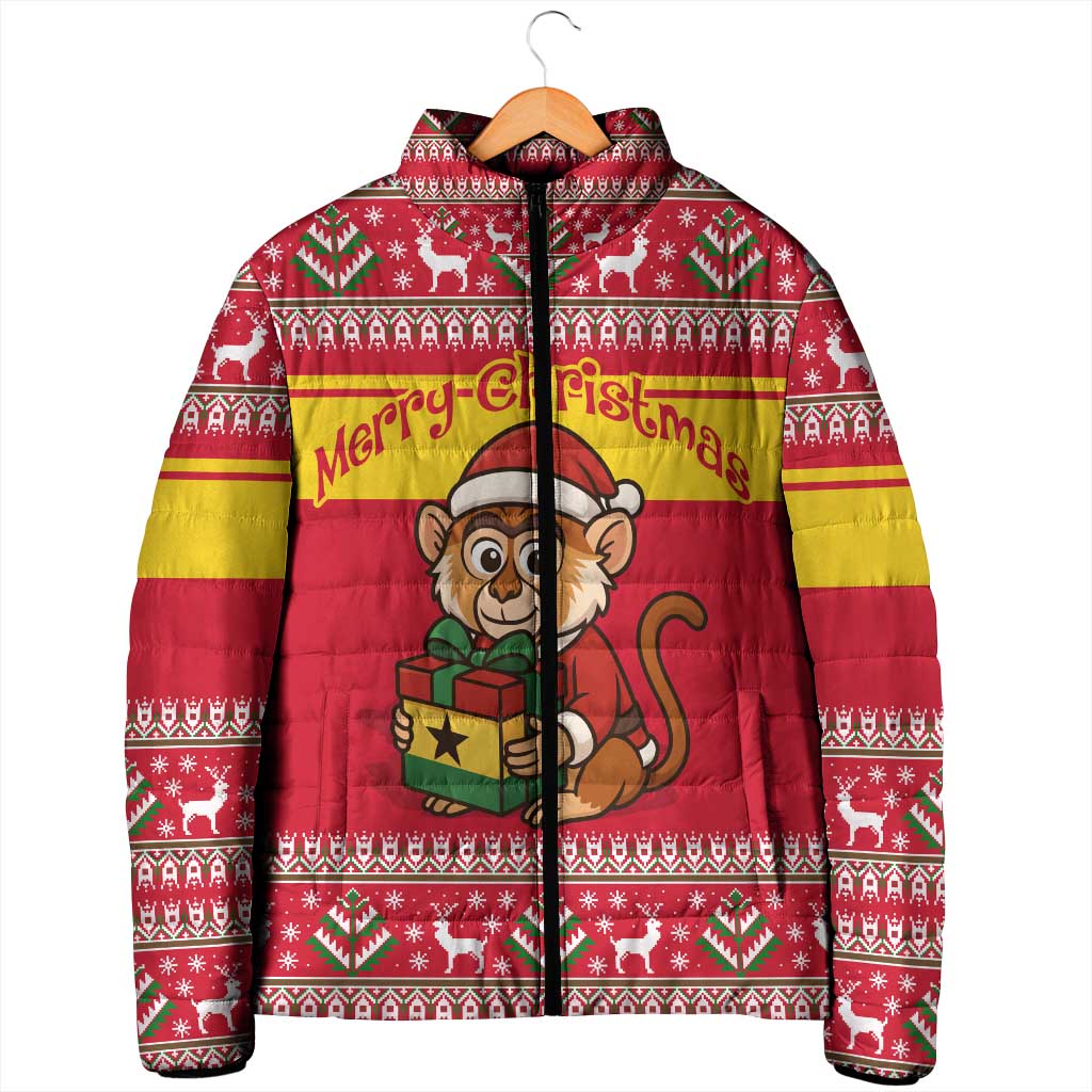 Ghana Christmas Padded Jacket with Monkey Holding Gift Ghana Map and Festive - Wonder Print Shop