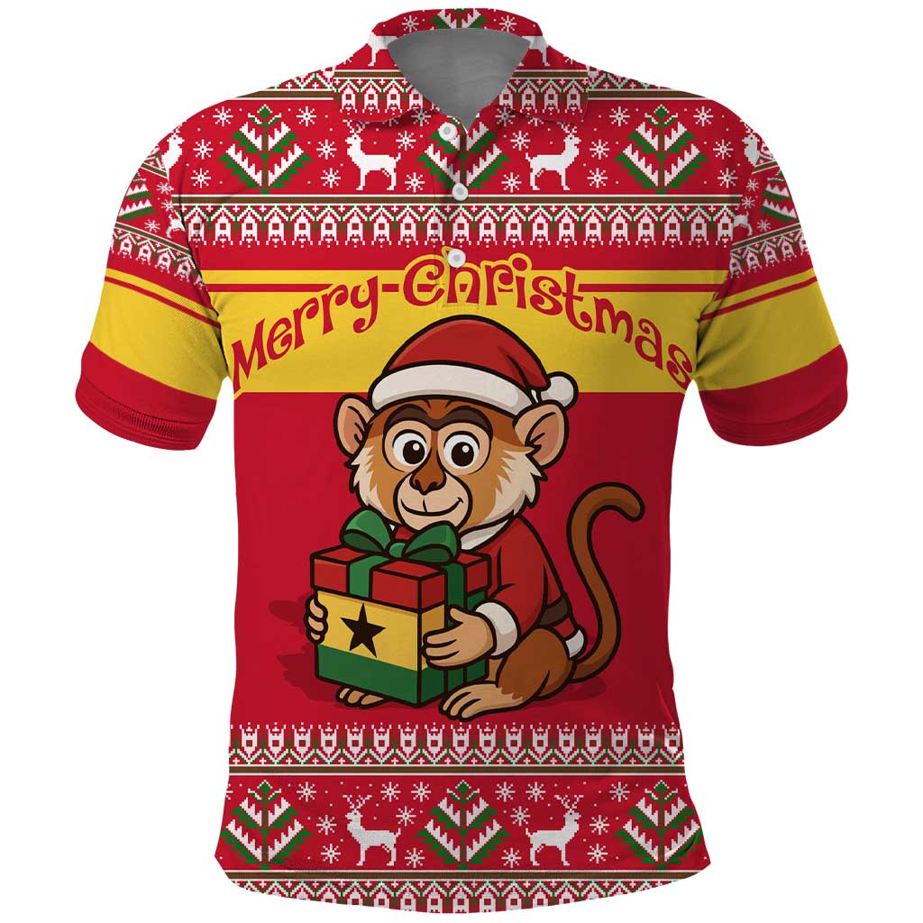 Ghana Christmas Polo Shirt with Monkey Holding Gift Ghana Map and Festive - Wonder Print Shop