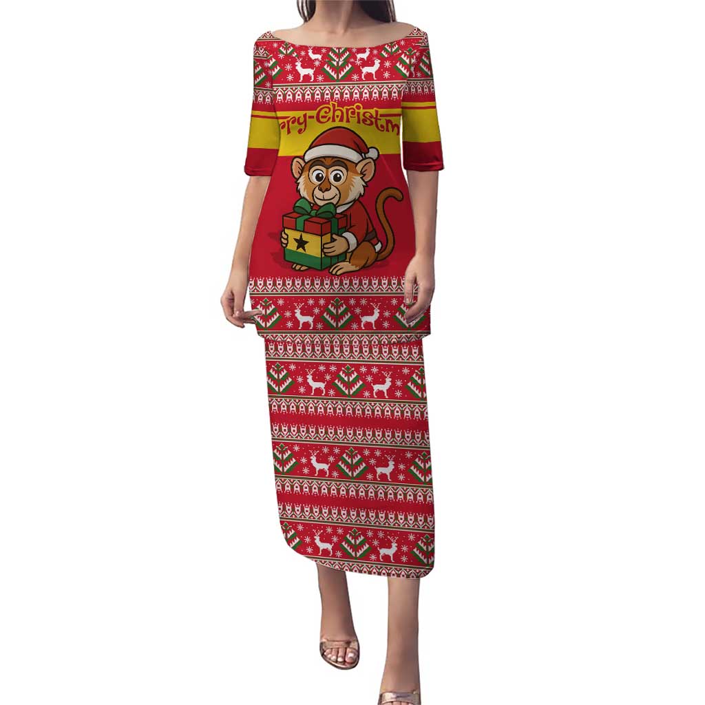 Ghana Christmas Puletasi with Monkey Holding Gift Ghana Map and Festive - Wonder Print Shop