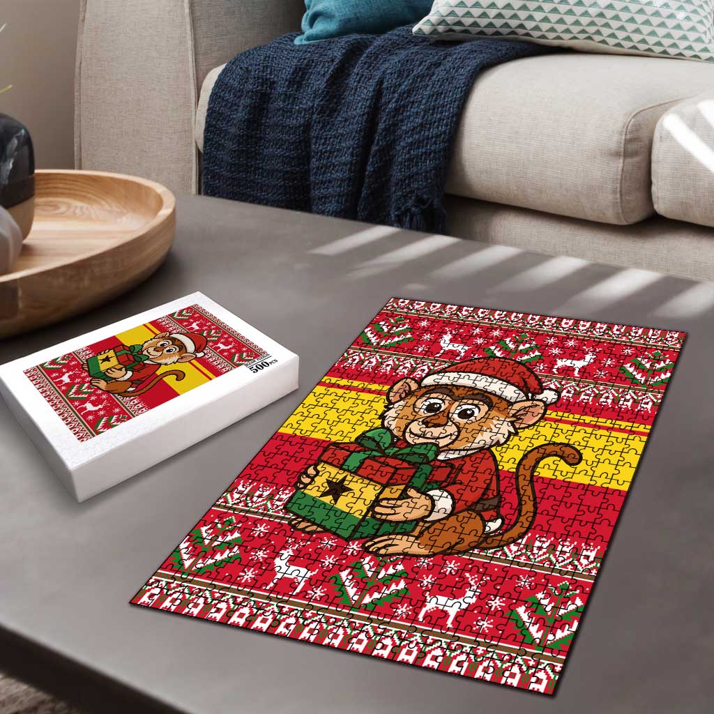Ghana Christmas Puzzle with Monkey Holding Gift Ghana Map and Festive - Wonder Print Shop