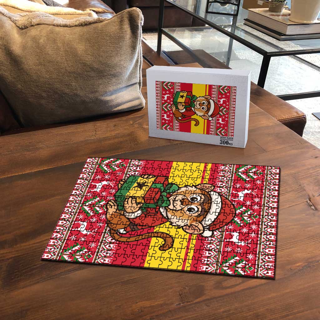 Ghana Christmas Puzzle with Monkey Holding Gift Ghana Map and Festive - Wonder Print Shop