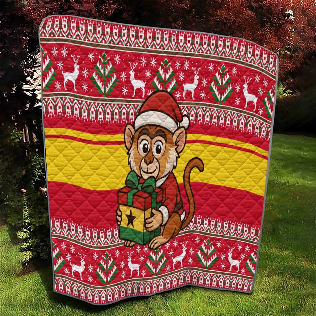 Ghana Christmas Quilt with Monkey Holding Gift Ghana Map and Festive - Wonder Print Shop