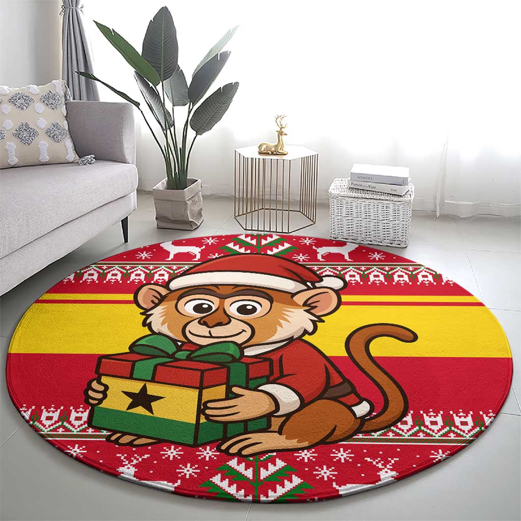 Ghana Christmas Round Carpet with Monkey Holding Gift Ghana Map and Festive - Wonder Print Shop