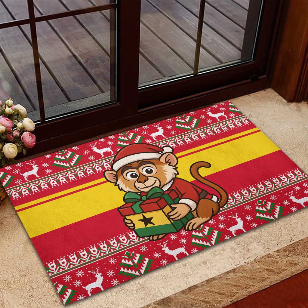 Ghana Christmas Rubber Doormat with Monkey Holding Gift Ghana Map and Festive - Wonder Print Shop