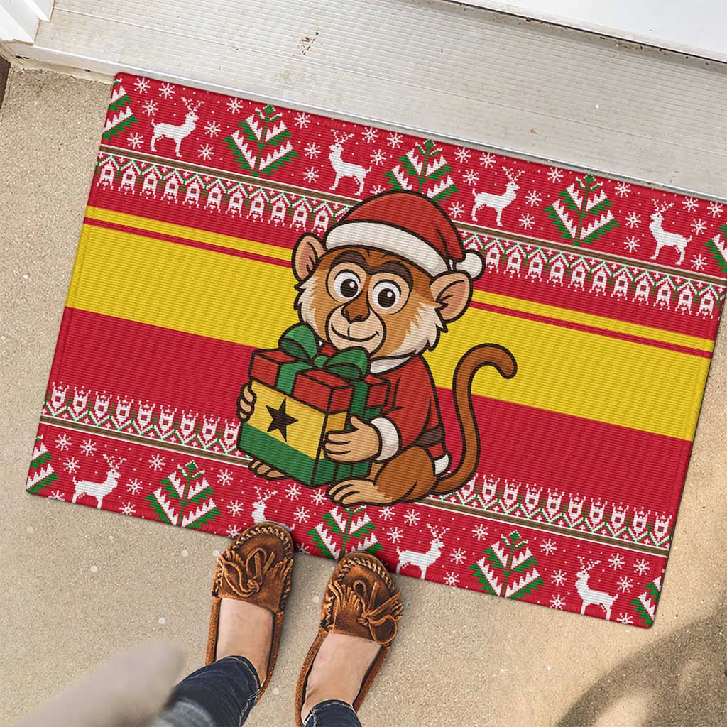 Ghana Christmas Rubber Doormat with Monkey Holding Gift Ghana Map and Festive - Wonder Print Shop