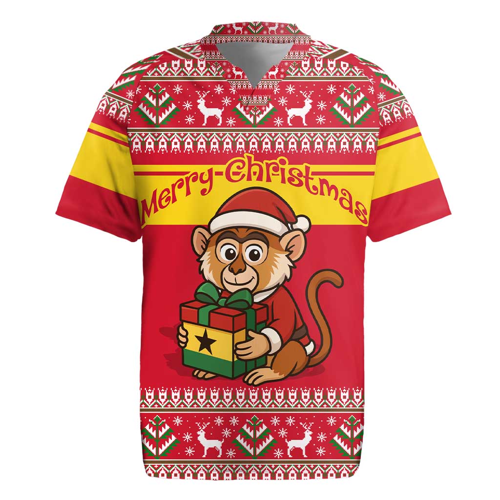 Ghana Christmas Rugby Jersey with Monkey Holding Gift Ghana Map and Festive - Wonder Print Shop