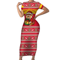 Ghana Christmas Short Sleeve Bodycon Dress with Monkey Holding Gift Ghana Map and Festive - Wonder Print Shop