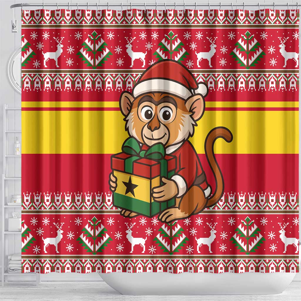 Ghana Christmas Shower Curtain with Monkey Holding Gift Ghana Map and Festive - Wonder Print Shop