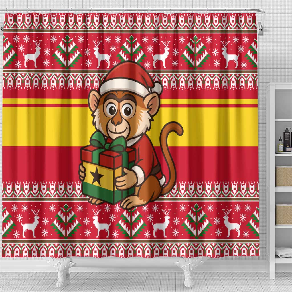 Ghana Christmas Shower Curtain with Monkey Holding Gift Ghana Map and Festive - Wonder Print Shop