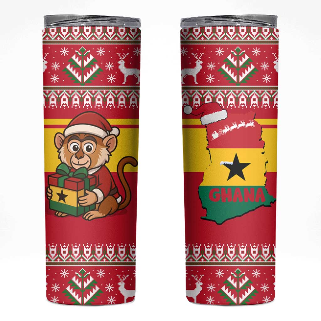 Ghana Christmas Skinny Tumbler with Monkey Holding Gift Ghana Map and Festive - Wonder Print Shop