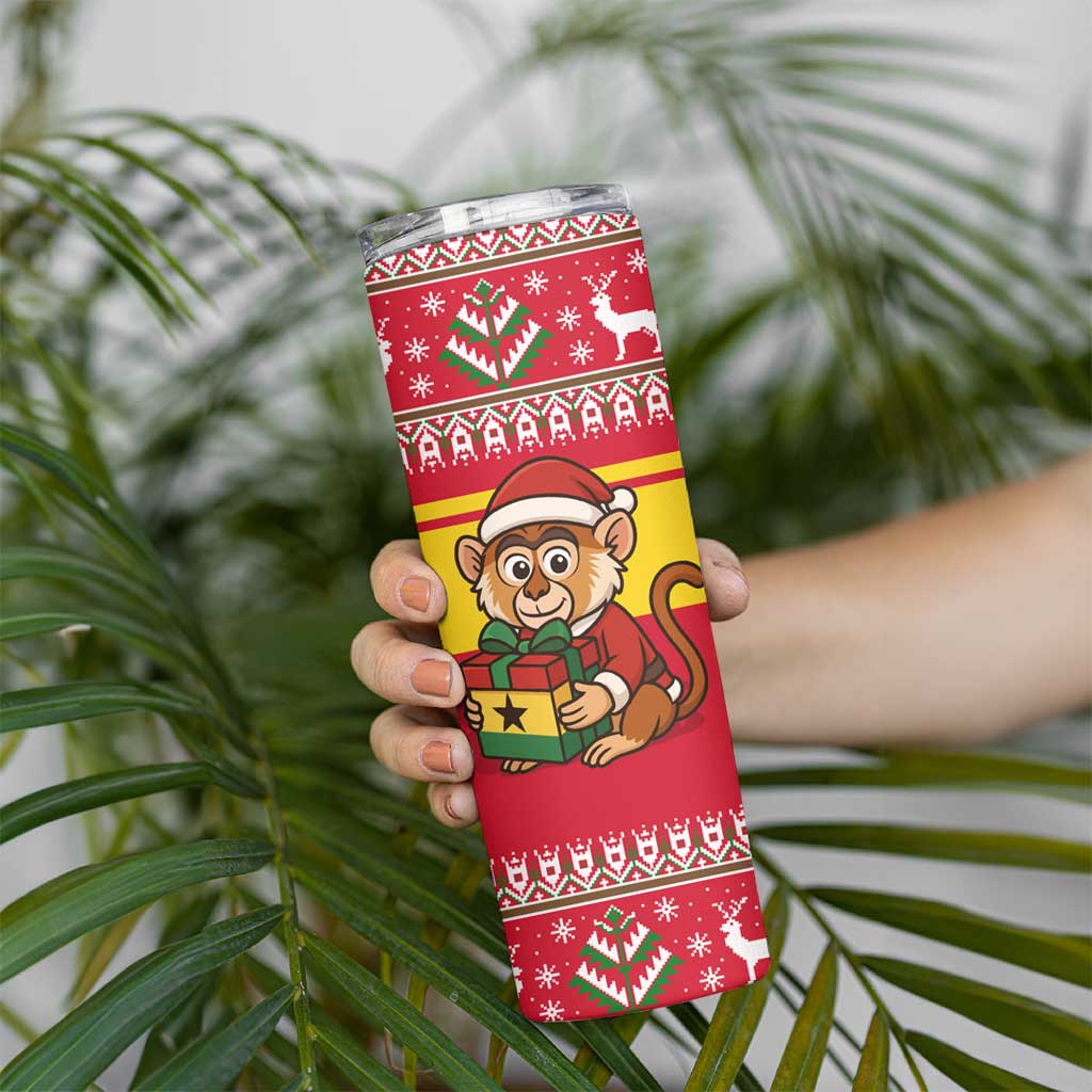 Ghana Christmas Skinny Tumbler with Monkey Holding Gift Ghana Map and Festive - Wonder Print Shop