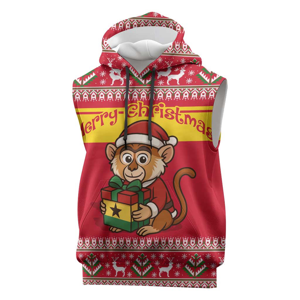 Ghana Christmas Sleeveless Hoodie with Monkey Holding Gift Ghana Map and Festive - Wonder Print Shop