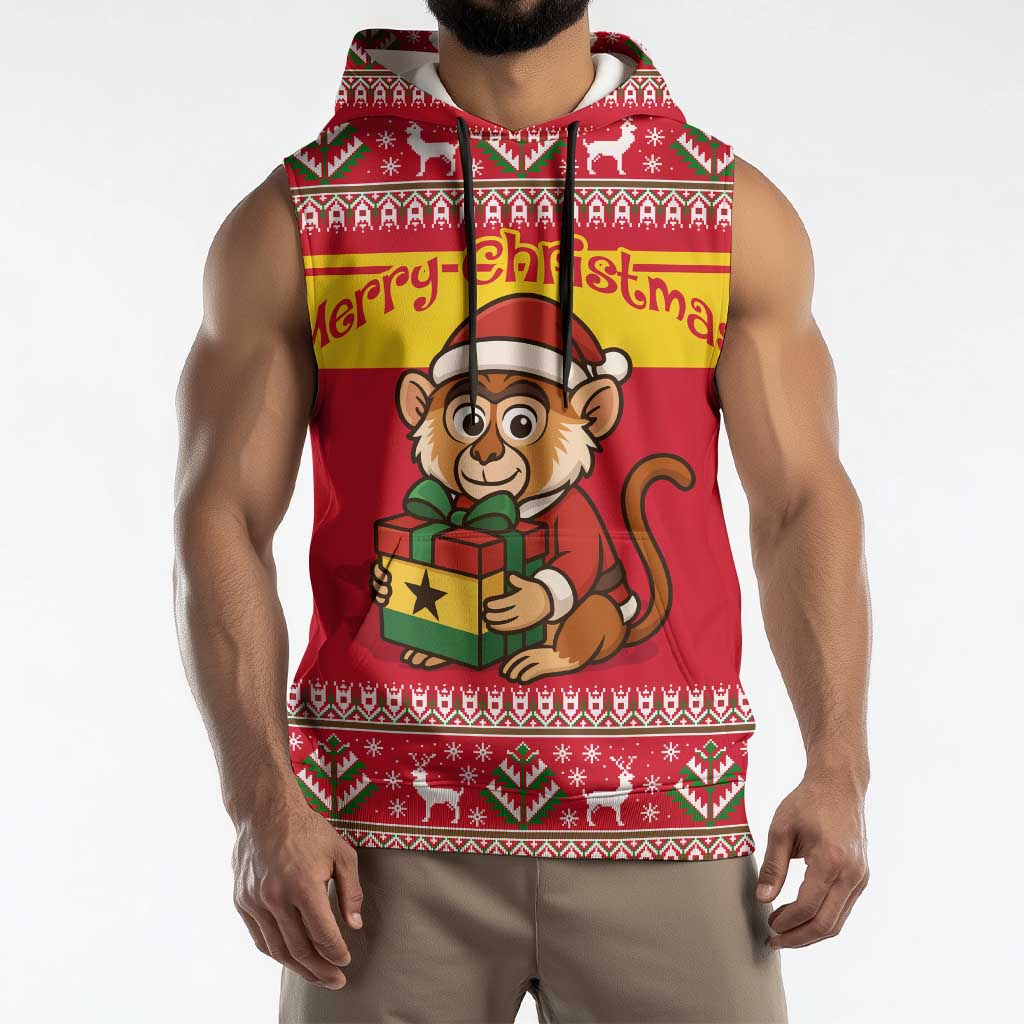 Ghana Christmas Sleeveless Hoodie with Monkey Holding Gift Ghana Map and Festive - Wonder Print Shop