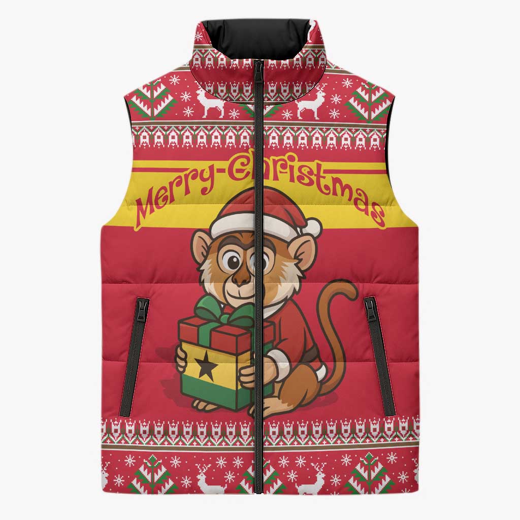 Ghana Christmas Sleeveless Puffer Jacket with Monkey Holding Gift Ghana Map and Festive - Wonder Print Shop