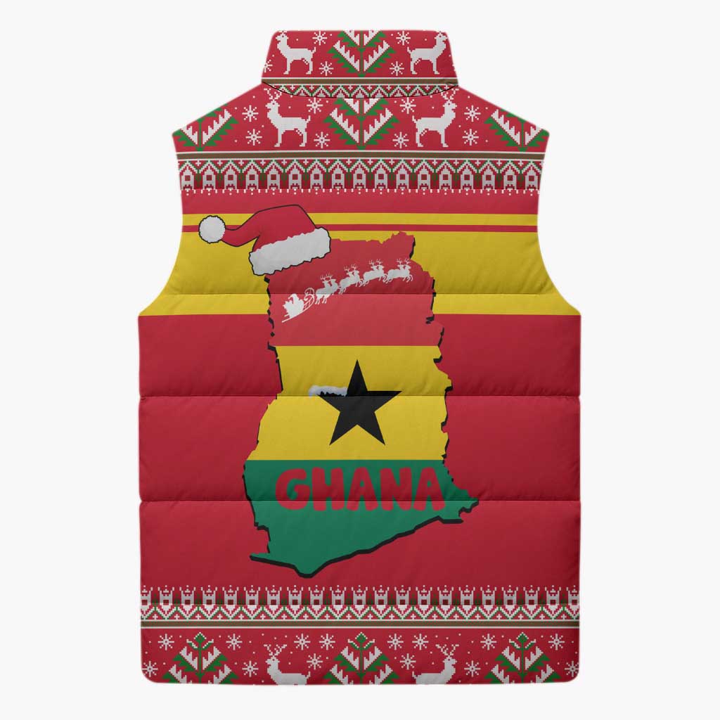 Ghana Christmas Sleeveless Puffer Jacket with Monkey Holding Gift Ghana Map and Festive - Wonder Print Shop
