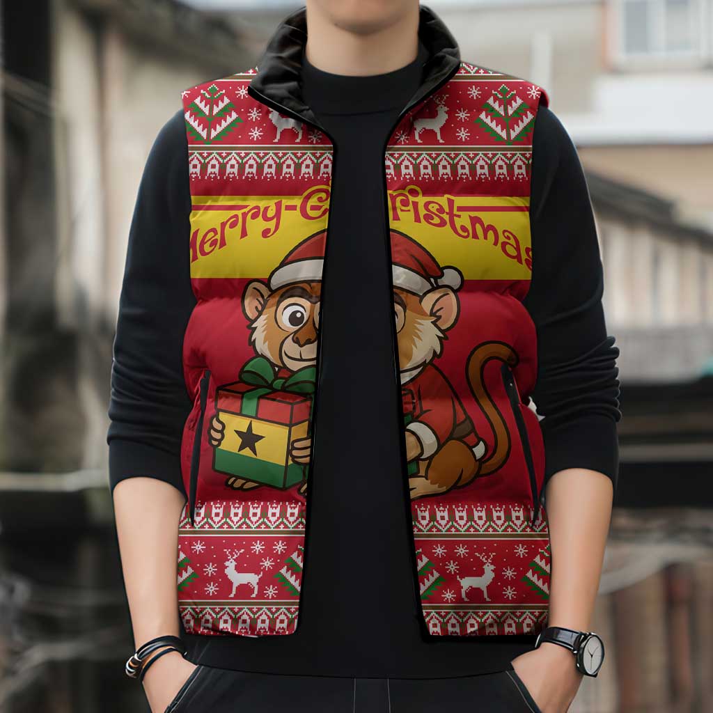 Ghana Christmas Sleeveless Puffer Jacket with Monkey Holding Gift Ghana Map and Festive - Wonder Print Shop