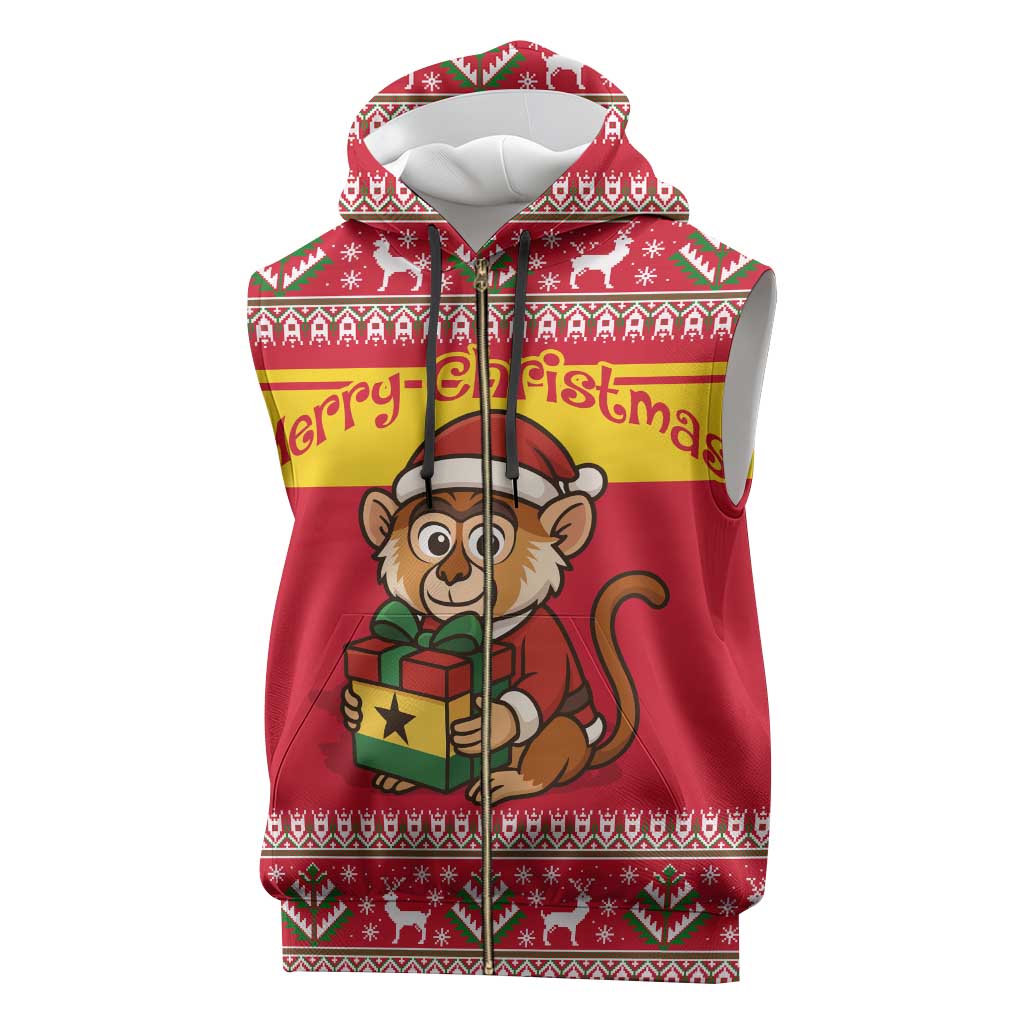 Ghana Christmas Sleeveless Zip Hoodie with Monkey Holding Gift Ghana Map and Festive - Wonder Print Shop