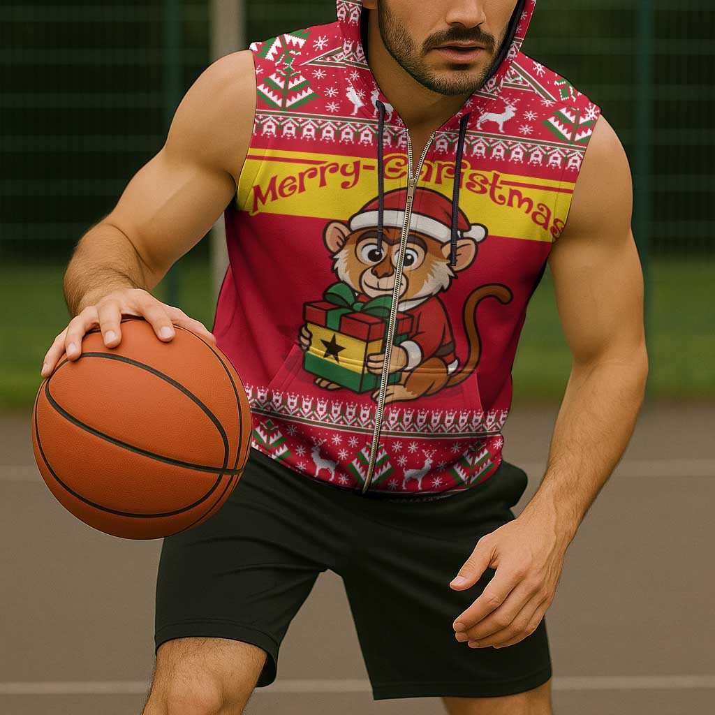 Ghana Christmas Sleeveless Zip Hoodie with Monkey Holding Gift Ghana Map and Festive - Wonder Print Shop