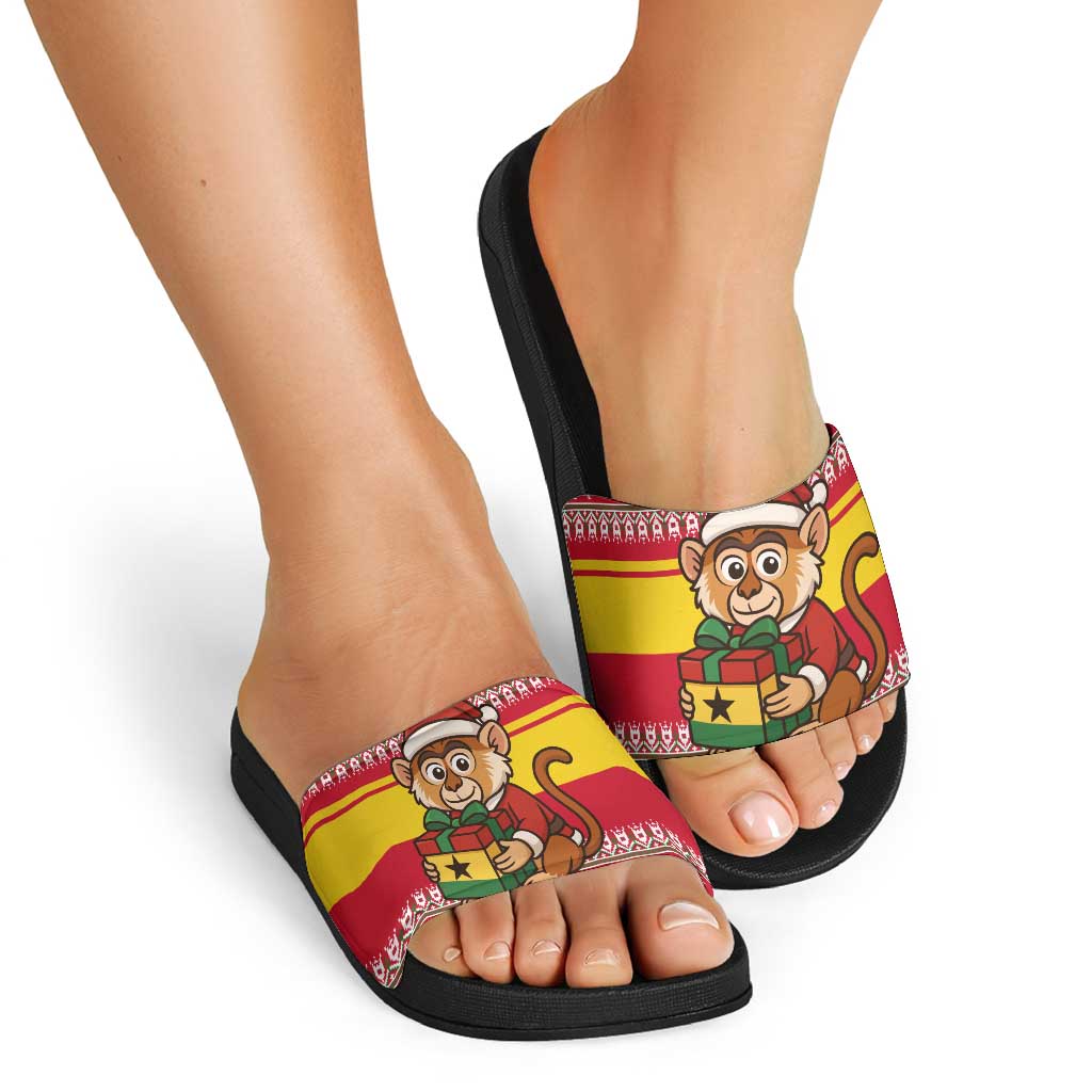 Ghana Christmas Slide Sandals with Monkey Holding Gift Ghana Map and Festive - Wonder Print Shop