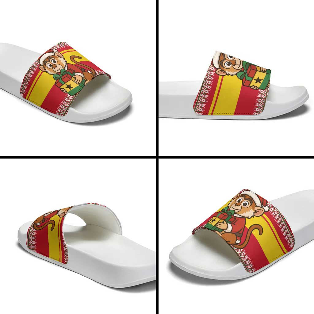 Ghana Christmas Slide Sandals with Monkey Holding Gift Ghana Map and Festive - Wonder Print Shop