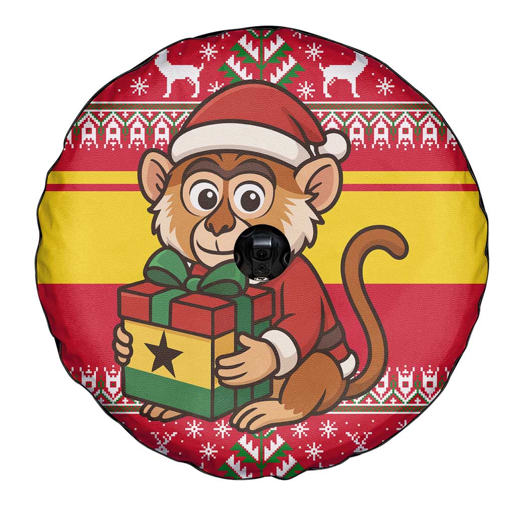 Ghana Christmas Spare Tire Cover with Monkey Holding Gift Ghana Map and Festive - Wonder Print Shop