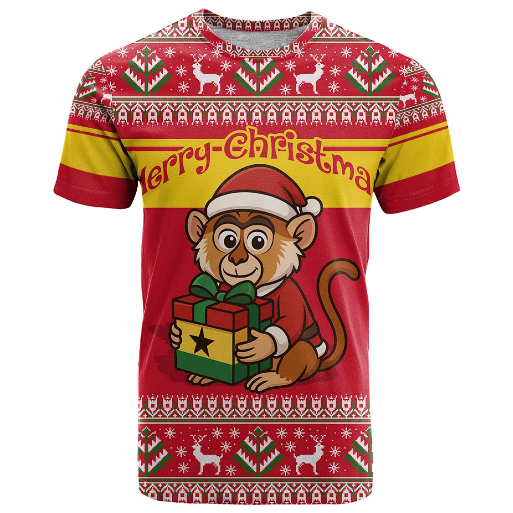 Ghana Christmas T Shirt with Monkey Holding Gift Ghana Map and Festive - Wonder Print Shop