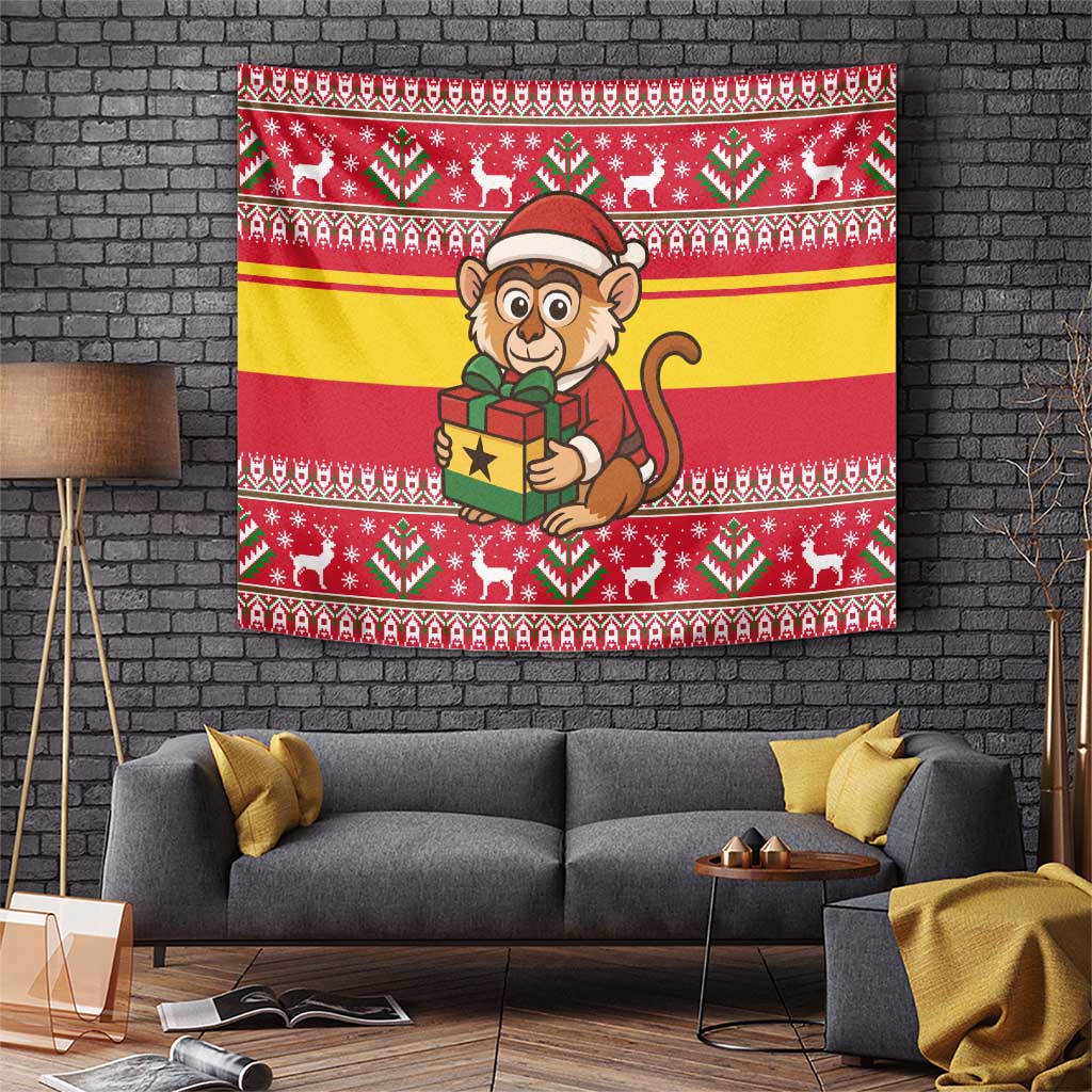 Ghana Christmas Tapestry with Monkey Holding Gift Ghana Map and Festive - Wonder Print Shop