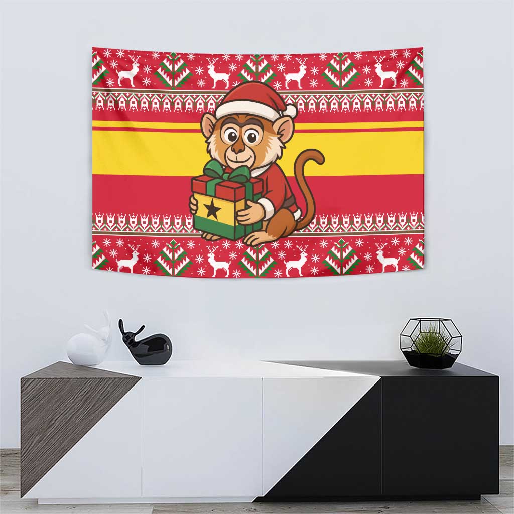 Ghana Christmas Tapestry with Monkey Holding Gift Ghana Map and Festive - Wonder Print Shop