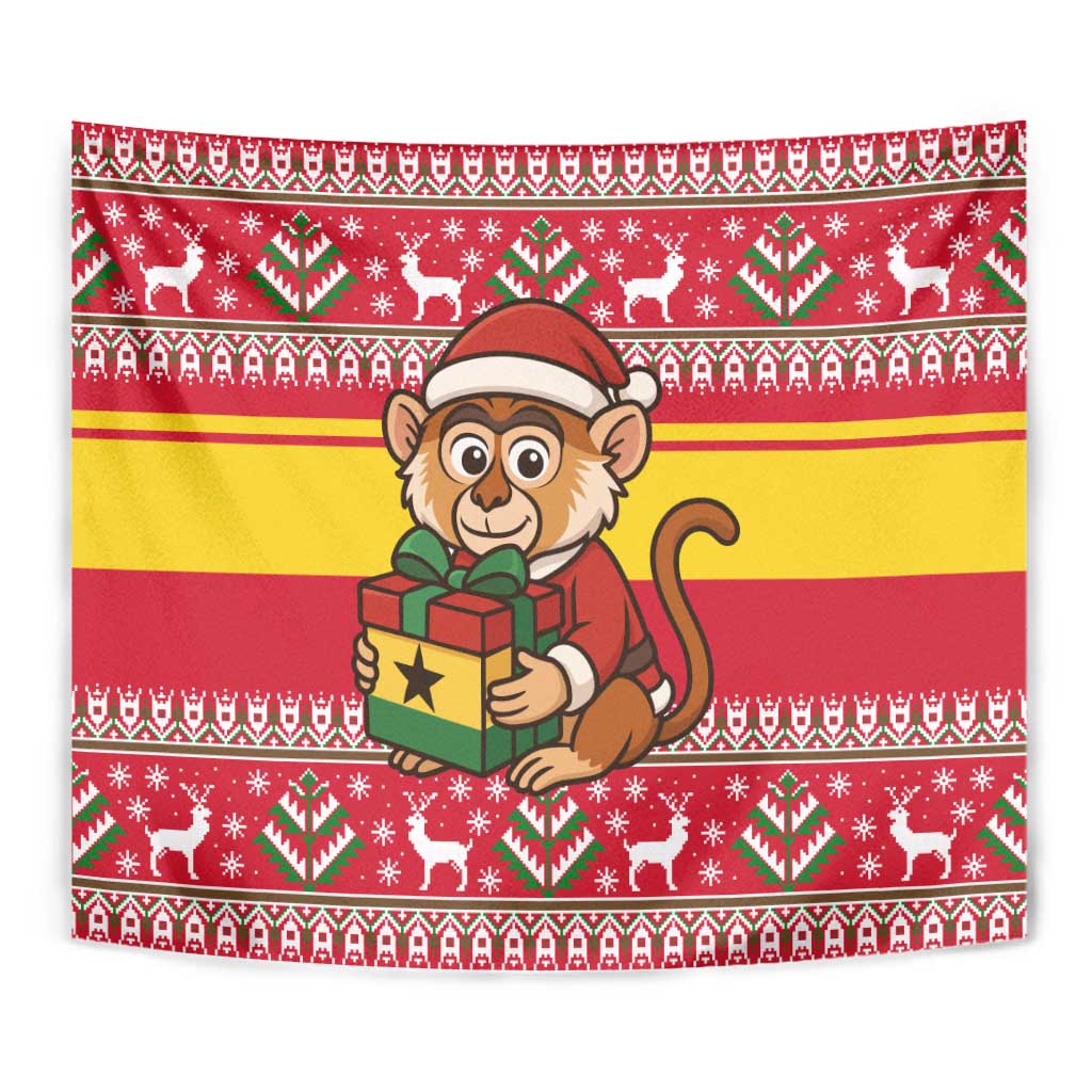 Ghana Christmas Tapestry with Monkey Holding Gift Ghana Map and Festive - Wonder Print Shop
