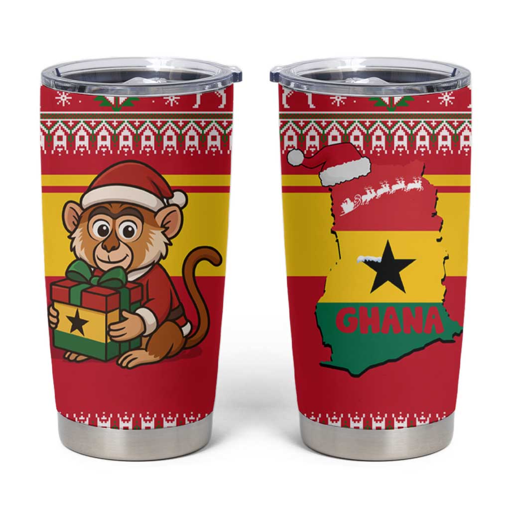 Ghana Christmas Tumbler Cup with Monkey Holding Gift Ghana Map and Festive - Wonder Print Shop