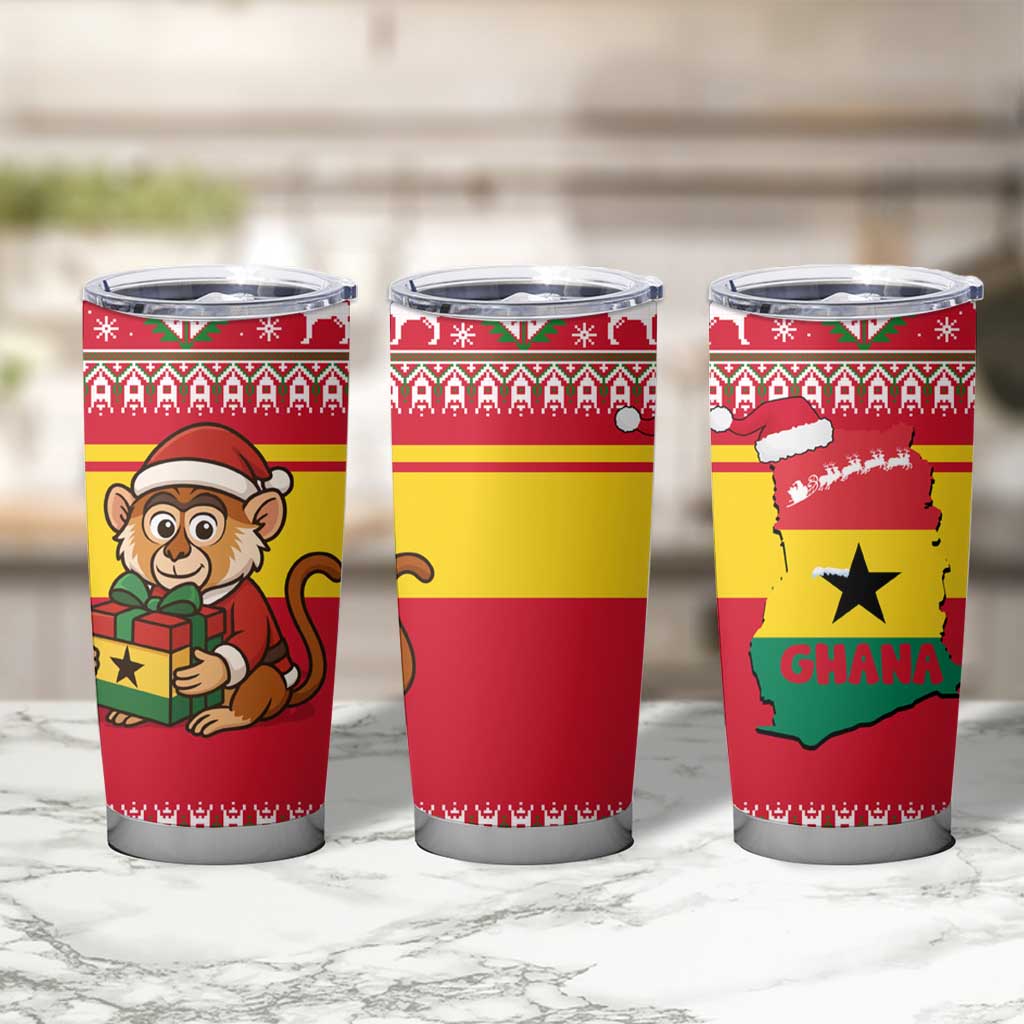 Ghana Christmas Tumbler Cup with Monkey Holding Gift Ghana Map and Festive - Wonder Print Shop