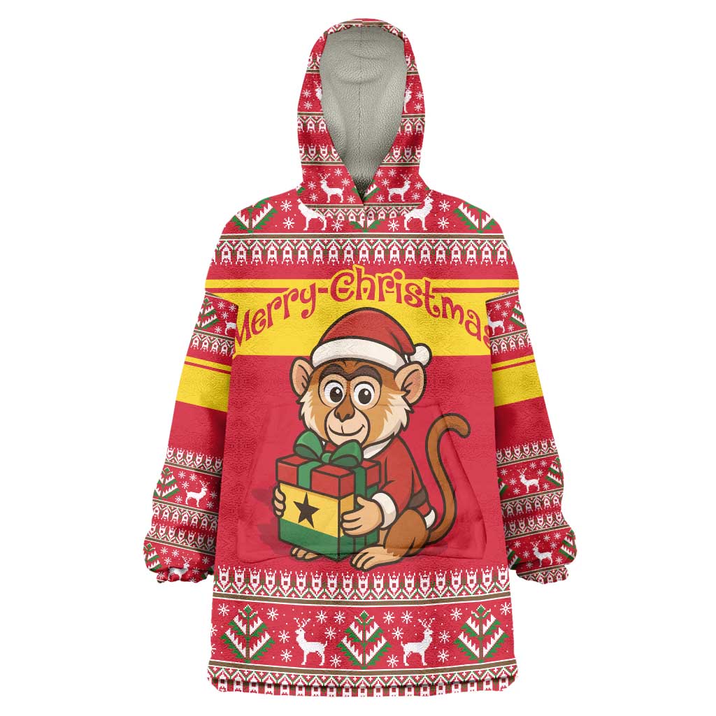 Ghana Christmas Wearable Blanket Hoodie with Monkey Holding Gift Ghana Map and Festive - Wonder Print Shop