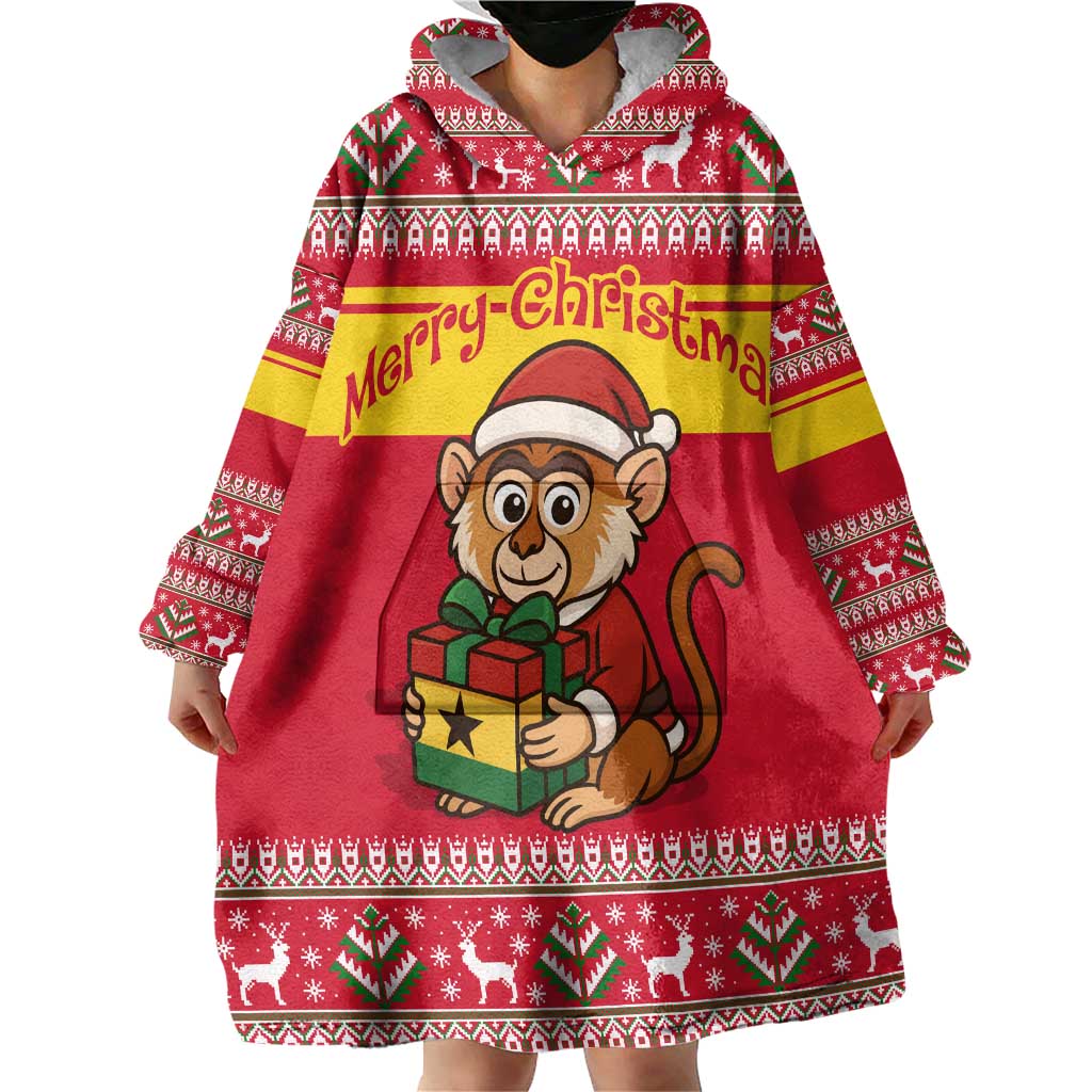 Ghana Christmas Wearable Blanket Hoodie with Monkey Holding Gift Ghana Map and Festive - Wonder Print Shop