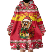 Ghana Christmas Wearable Blanket Hoodie with Monkey Holding Gift Ghana Map and Festive - Wonder Print Shop