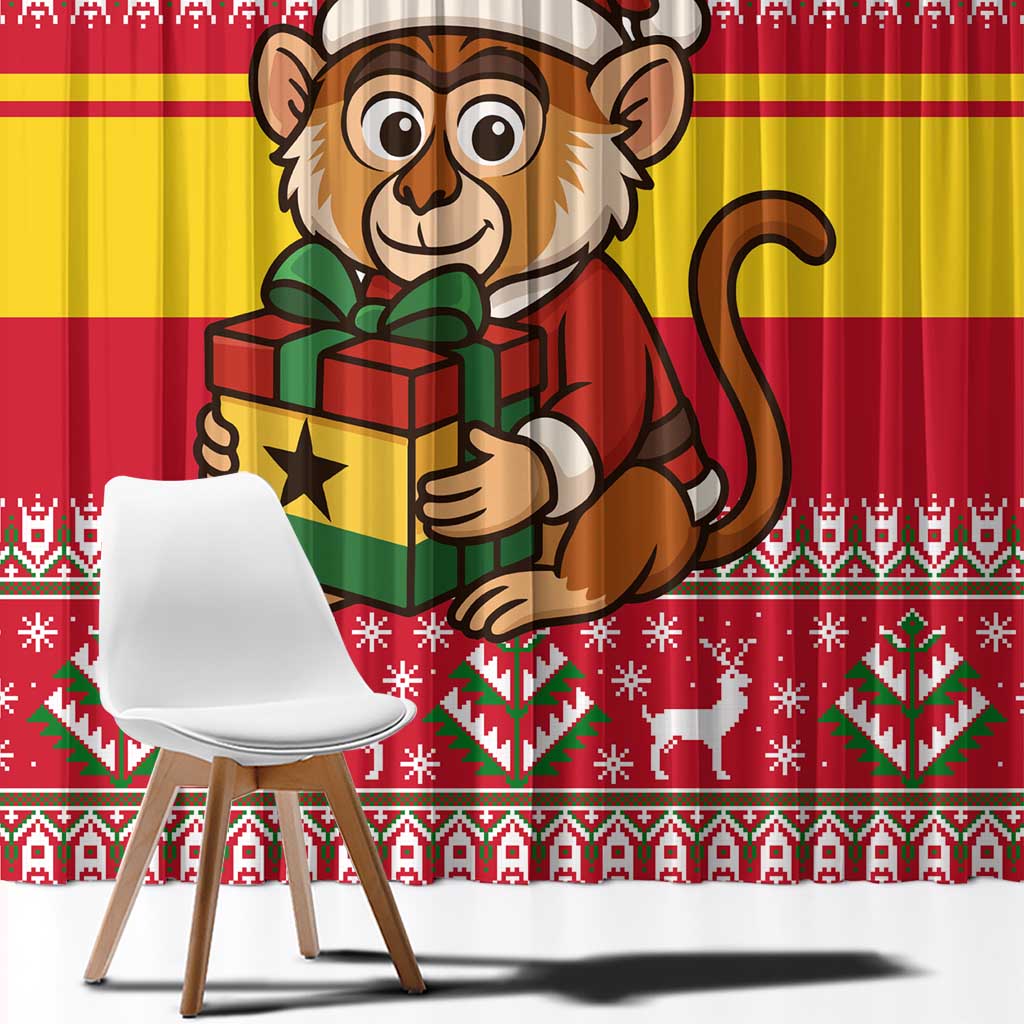 Ghana Christmas Window Curtain with Monkey Holding Gift Ghana Map and Festive - Wonder Print Shop