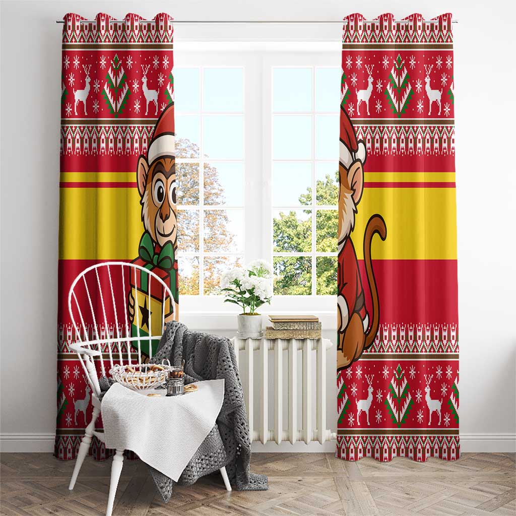 Ghana Christmas Window Curtain with Monkey Holding Gift Ghana Map and Festive - Wonder Print Shop