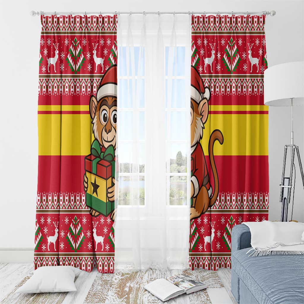 Ghana Christmas Window Curtain with Monkey Holding Gift Ghana Map and Festive - Wonder Print Shop