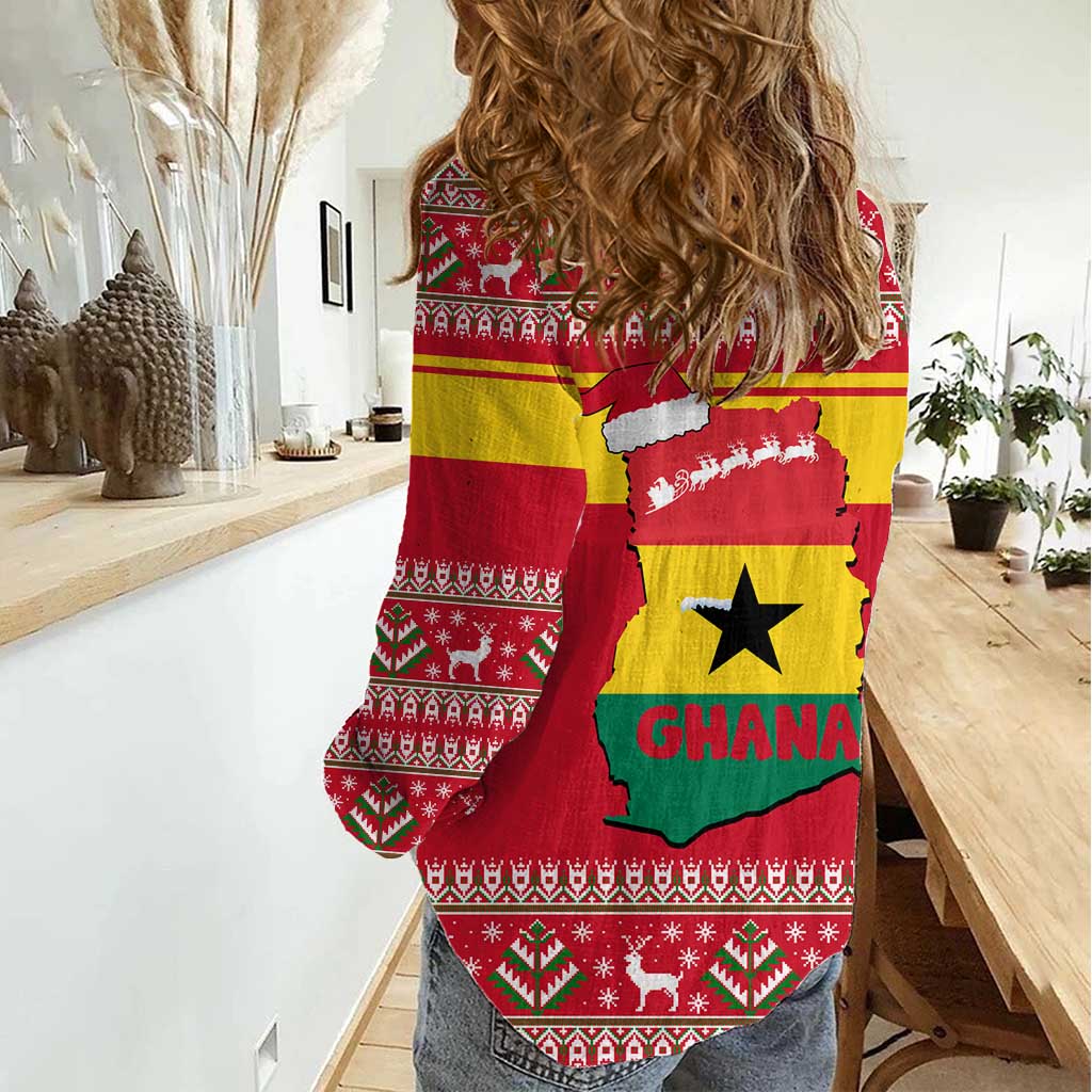 Ghana Christmas Women Casual Shirt with Monkey Holding Gift Ghana Map and Festive - Wonder Print Shop