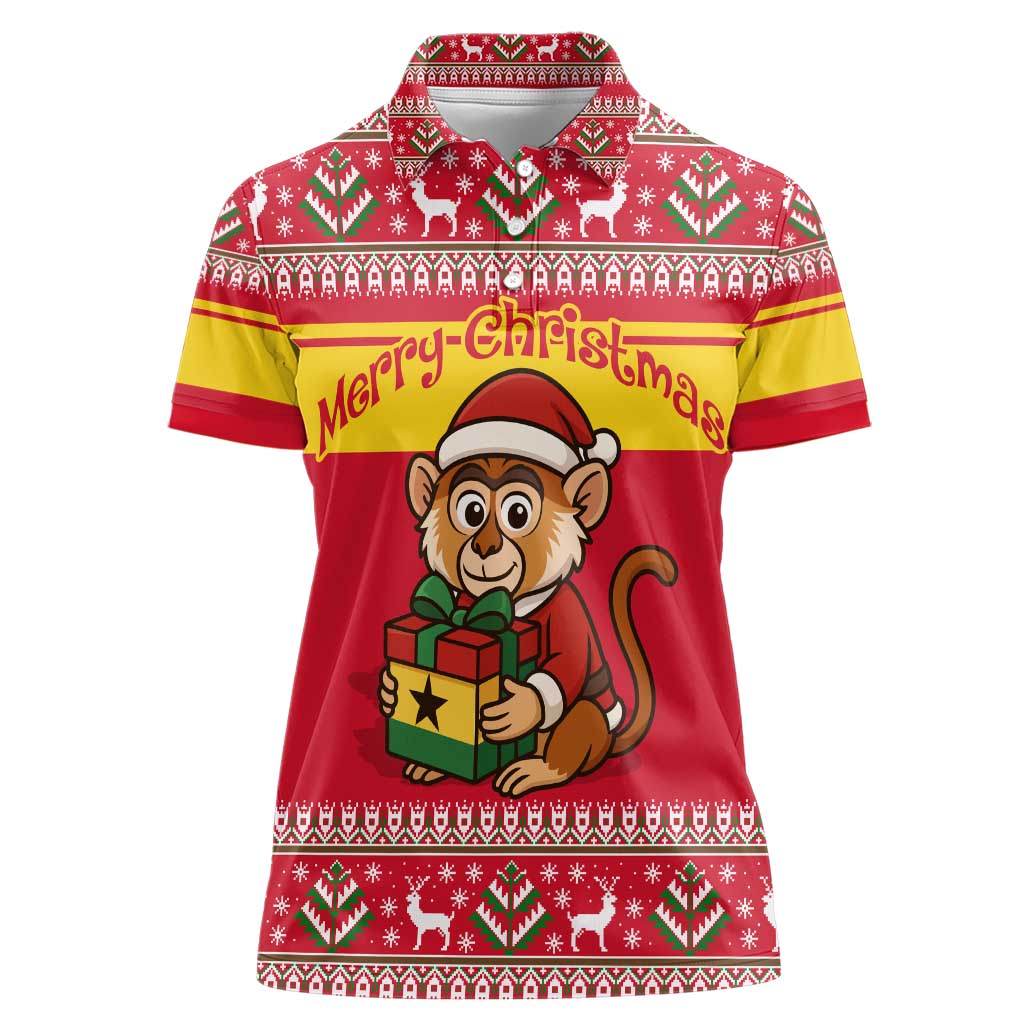 Ghana Christmas Women Polo Shirt with Monkey Holding Gift Ghana Map and Festive - Wonder Print Shop