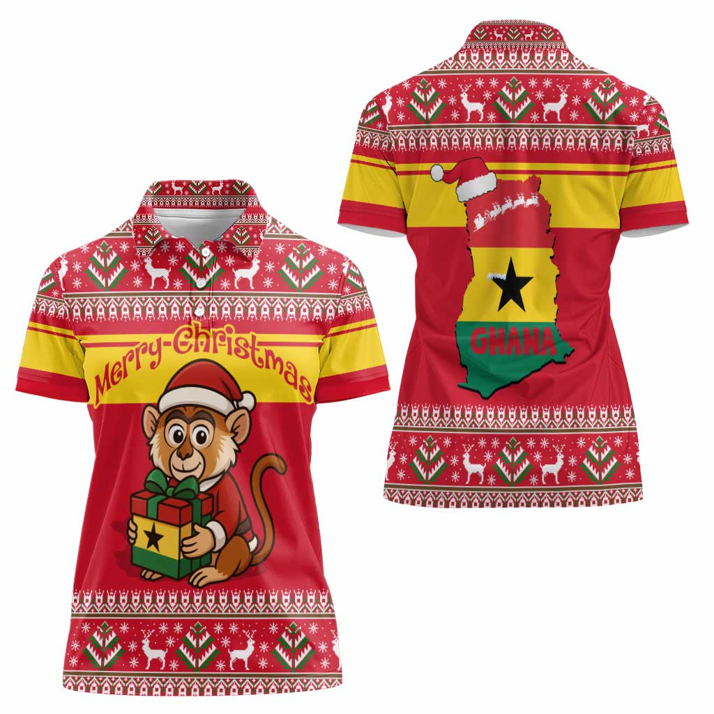 Ghana Christmas Women Polo Shirt with Monkey Holding Gift Ghana Map and Festive - Wonder Print Shop
