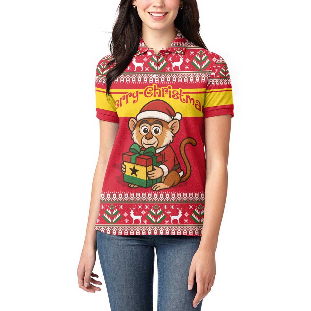 Ghana Christmas Women Polo Shirt with Monkey Holding Gift Ghana Map and Festive - Wonder Print Shop
