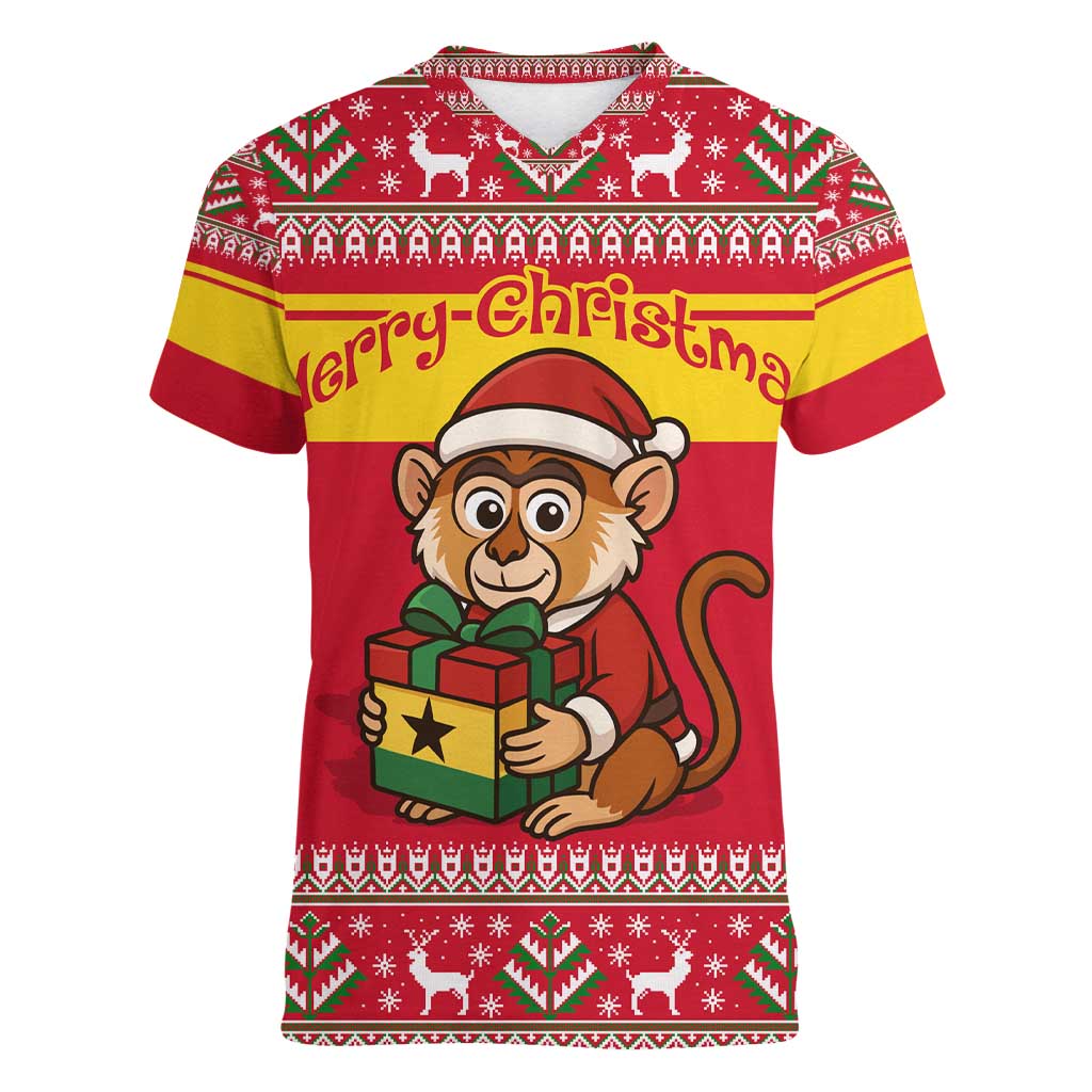 Ghana Christmas Women V-Neck T-Shirt with Monkey Holding Gift Ghana Map and Festive - Wonder Print Shop