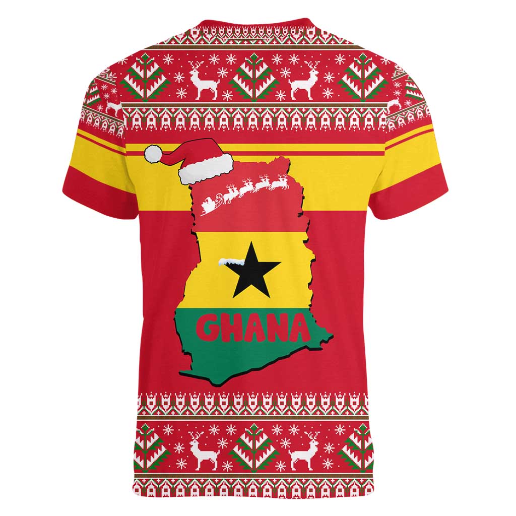 Ghana Christmas Women V-Neck T-Shirt with Monkey Holding Gift Ghana Map and Festive - Wonder Print Shop