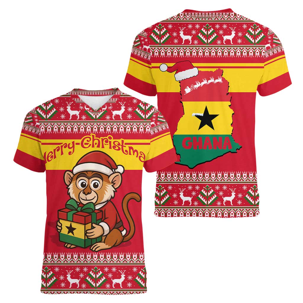 Ghana Christmas Women V-Neck T-Shirt with Monkey Holding Gift Ghana Map and Festive - Wonder Print Shop